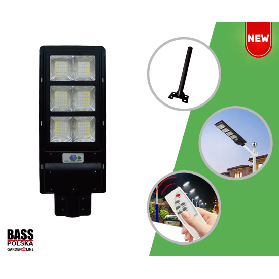 Solárna pouličná lampa so snímačom pohybu a diaľkovým ovládaním 160 W, 270 LED BASS
