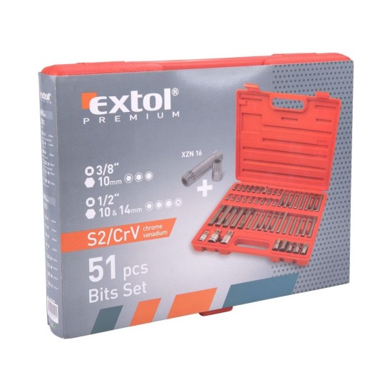 Hroty HEX-TORX-XZN, 10 mm a 14 mm, sada 51 ks EXTOL Premium Hroty HEX-TORX-XZN, 10 mm a 14 mm, sada 51 ks EXTOL Premium