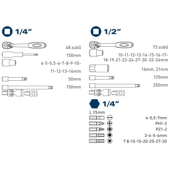 Nástrčné hlavy, sada 60ks, 1/4", 1/2", 61CrV5, FORTUM (4700011)