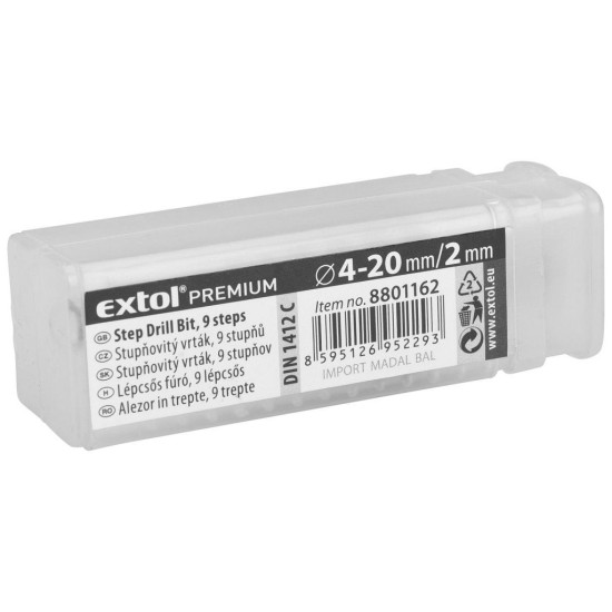 Stupňovitá vŕtačka, 4-20/2mm, 9 otvorov, stopka 8mm, dĺžka 75mm, HSS, EXTOL PREMIUM