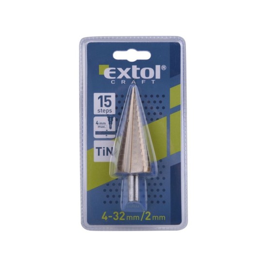 Stupňovitá vŕtačka, 4-32/2mm, 15 otvorov, stopka 10mm, dĺžka 101mm, TiN, EXTOL CRAFT