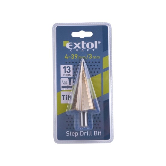 Stupňovitá vŕtačka, 4-39/3mm, 13 otvorov, stopka 13mm, dĺžka 107mm, TiN, EXTOL CRAFT Stupňovitá vŕtačka, 4-39/3mm, 13 otvorov, stopka 13mm, dĺžka 107mm, TiN, EXTOL CRAFT