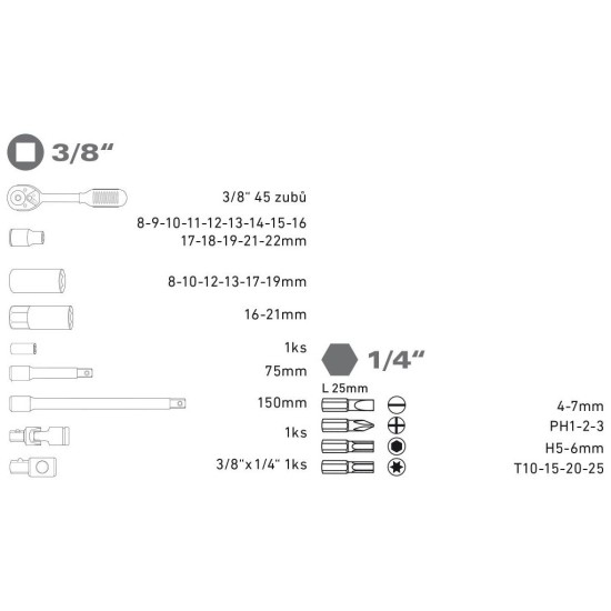 Nástrčné hlavice, sada 39ks, 3/8", CrV, EXTOL PREMIUM