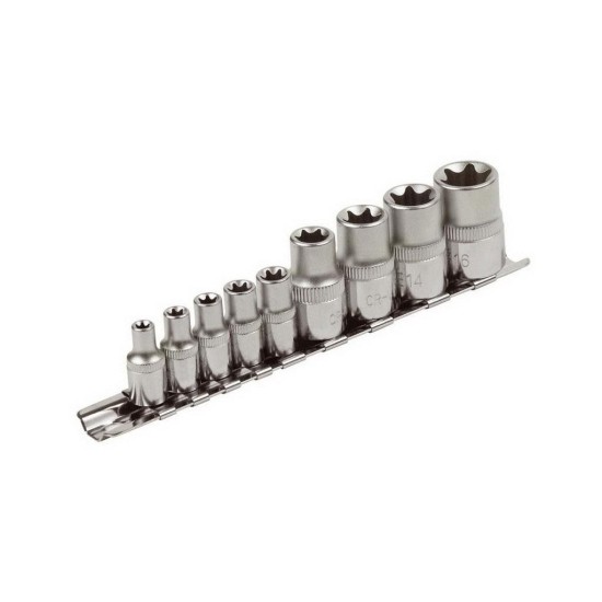Vnútorné nástrčné kľúče TORX, sada 9ks, 1/4", E5-E6-E7-E8-E10, 1/2", E12-E14-E16-E18, CrV, EXTOL PREMIUM