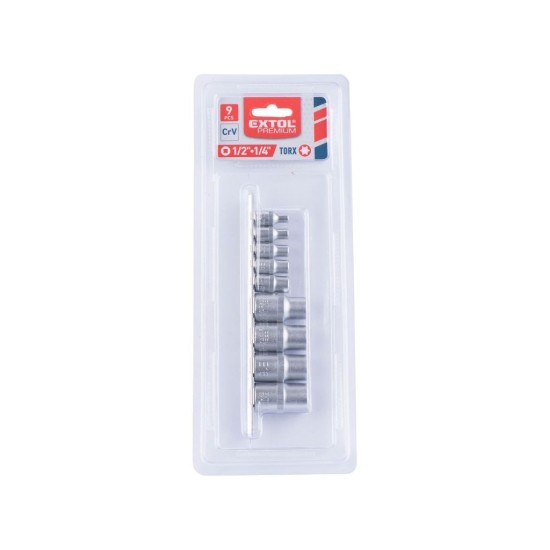 Vnútorné nástrčné kľúče TORX, sada 9ks, 1/4", E5-E6-E7-E8-E10, 1/2", E12-E14-E16-E18, CrV, EXTOL PREMIUM