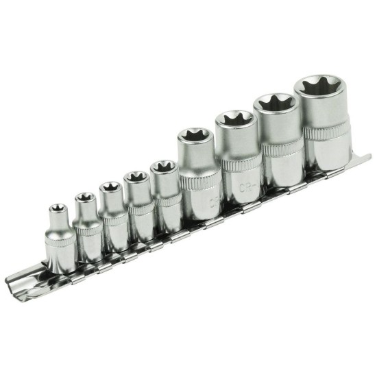 Vnútorné nástrčné kľúče TORX, sada 9ks, 1/4", E5-E6-E7-E8-E10, 1/2", E12-E14-E16-E18, CrV, EXTOL PREMIUM