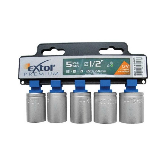 Nástrčné kľúče, sada 5, 1/2", 18-19-21-22-24mm, CrV, EXTOL PREMIUM
