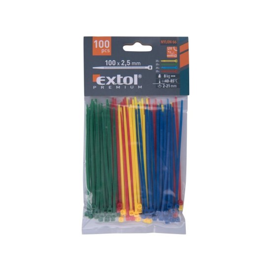 Drôtené pásky, 2,5x100mm, 100ks, farebné, 4x25ks (žltá, zelená, červená, modrá), NYLON, EXTOL PREMIUM Drôtené pásky, 2,5x100mm, 100ks, farebné, 4x25ks (žltá, zelená, červená, modrá), NYLON, EXTOL PREMIUM