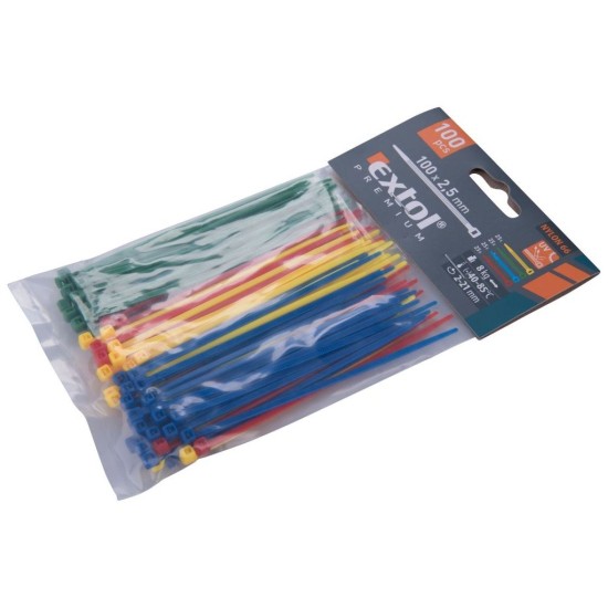 Drôtené pásky, 2,5x100mm, 100ks, farebné, 4x25ks (žltá, zelená, červená, modrá), NYLON, EXTOL PREMIUM Drôtené pásky, 2,5x100mm, 100ks, farebné, 4x25ks (žltá, zelená, červená, modrá), NYLON, EXTOL PREMIUM