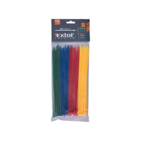 Drôtené pásky, 3,6x200mm, 100ks, farebné, 4x25ks (žltá, zelená, červená, modrá), NYLON, EXTOL PREMIUM Drôtené pásky, 3,6x200mm, 100ks, farebné, 4x25ks (žltá, zelená, červená, modrá), NYLON, EXTOL PREMIUM