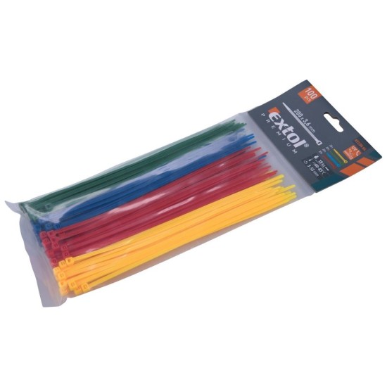 Drôtené pásky, 3,6x200mm, 100ks, farebné, 4x25ks (žltá, zelená, červená, modrá), NYLON, EXTOL PREMIUM Drôtené pásky, 3,6x200mm, 100ks, farebné, 4x25ks (žltá, zelená, červená, modrá), NYLON, EXTOL PREMIUM