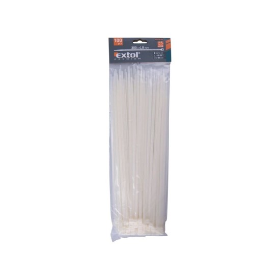Drôtené pásky, 4.8x300mm, 100ks, biela, NYLON, EXTOL PREMIUM Drôtené pásky, 4.8x300mm, 100ks, biela, NYLON, EXTOL PREMIUM
