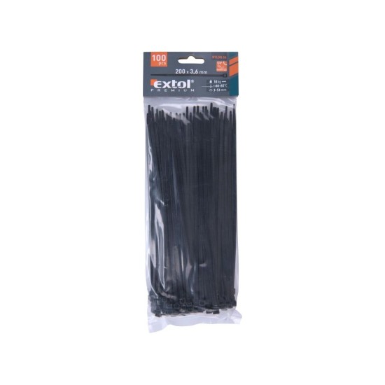 Drôtené pásky, 3.6x200mm, 100ks, čierna, NYLON, EXTOL PREMIUM Drôtené pásky, 3.6x200mm, 100ks, čierna, NYLON, EXTOL PREMIUM