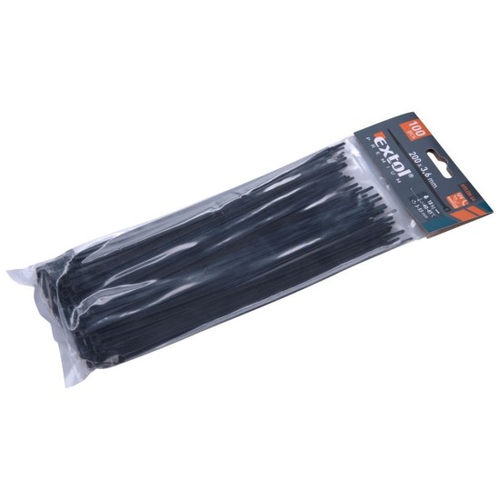 Drôtené pásky, 3.6x200mm, 100ks, čierna, NYLON, EXTOL PREMIUM Drôtené pásky, 3.6x200mm, 100ks, čierna, NYLON, EXTOL PREMIUM