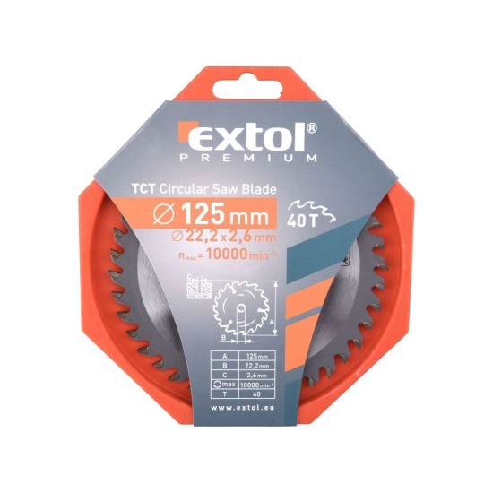 Pílový kotúč TCE s karbidovými kotúčmi, 125x1,3x22,2mm, 40T, šírka karbidového kotúča 2,6mm, EXTOL PREMIUM