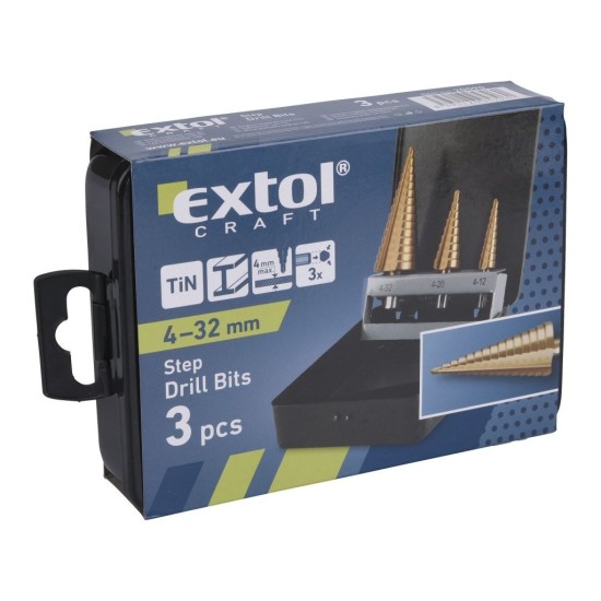 Stupňovité vrtáky, sada 3ks, 4-12/1mm, 4-20/2mm, 4-32/2mm, TiN, EXTOL CRAFT Stupňovité vrtáky, sada 3ks, 4-12/1mm, 4-20/2mm, 4-32/2mm, TiN, EXTOL CRAFT