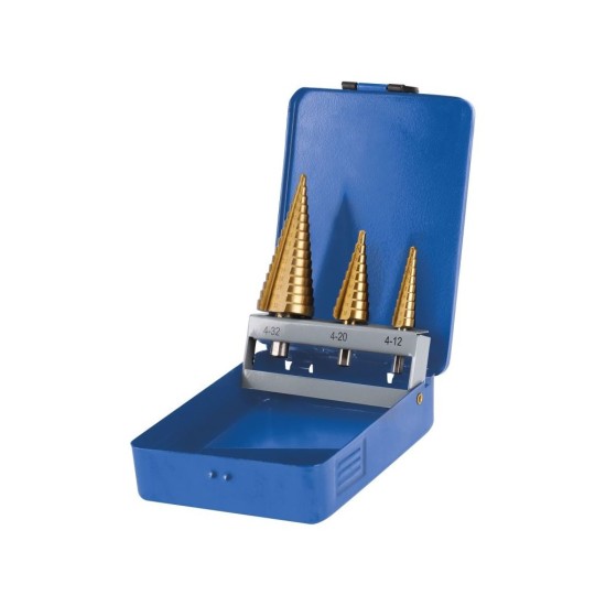 Stupňovité vrtáky, sada 3ks, 4-12/1mm, 4-20/2mm, 4-32/2mm, TiN, EXTOL CRAFT Stupňovité vrtáky, sada 3ks, 4-12/1mm, 4-20/2mm, 4-32/2mm, TiN, EXTOL CRAFT