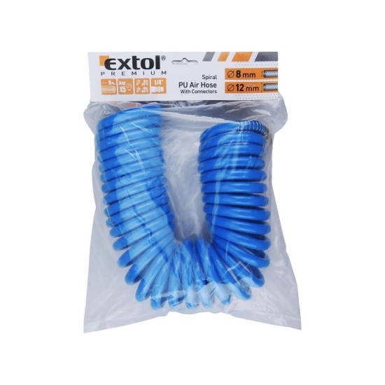 PU vzduchová špirálová hadica s mosadznými rýchlospojkami, 1/4", vnútorná Ø 8mm, D 8m, EXTOL PREMIUM PU vzduchová špirálová hadica s mosadznými rýchlospojkami, 1/4", vnútorná Ø 8mm, D 8m, EXTOL PREMIUM