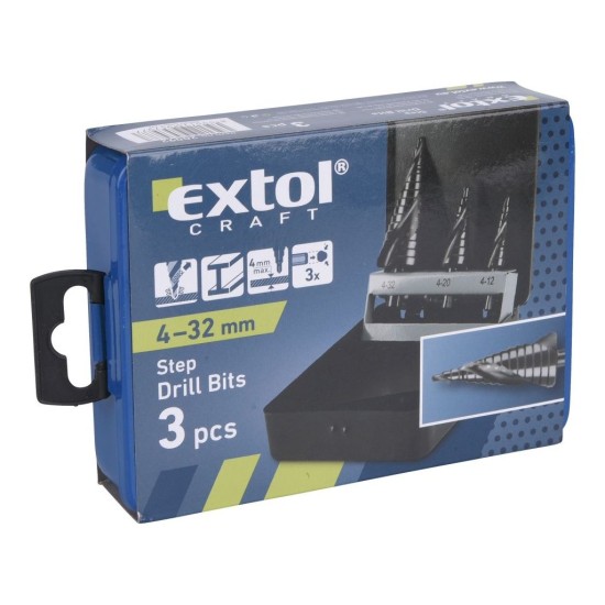 Stupňovité vrtáky, sada 3 ks, Ø 4-12/1mm, Ø 4-20/2mm, Ø 4-32/2mm, s lámačom triesok a špirálovou drážkou, EXTOL CRAFT