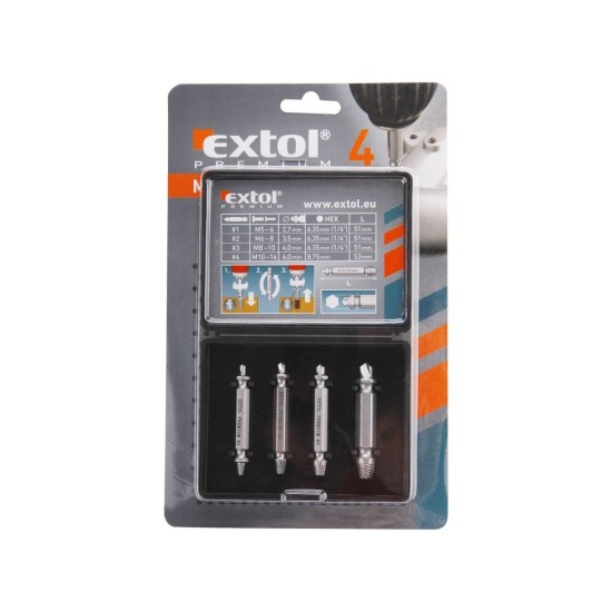 Vyťahovače na ohýbané skrutky, sada 4 ks, HSS, EXTOL PREMIUM