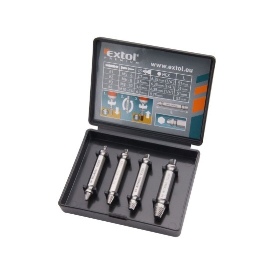 Vyťahovače na ohýbané skrutky, sada 4 ks, HSS, EXTOL PREMIUM