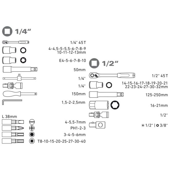 Nástrčné kľúče, sada 65ks, 1/4", 1/2", CrV, EXTOL PREMIUM