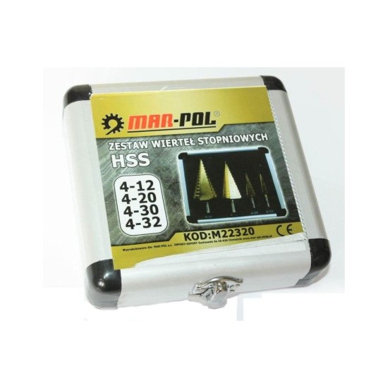 Sada stupňovitých vrtákov 4ks (4-12,20,30,32) HSS-TiN v kufríku MAR-POL