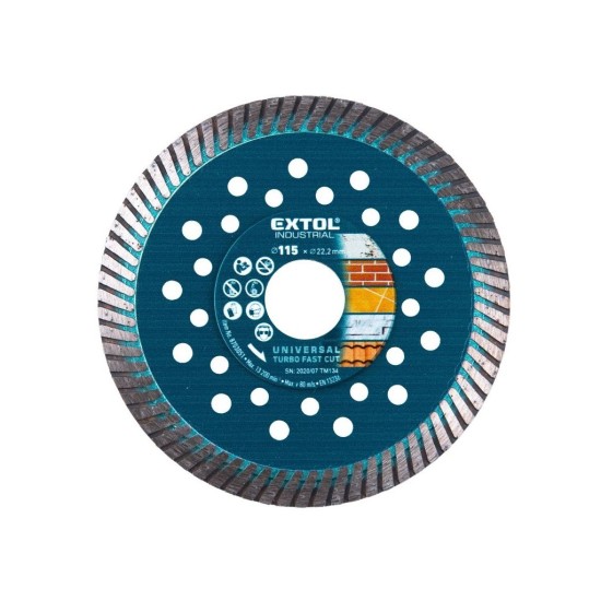 Diamantový rezací kotúč turbo Fast Cut, 115x22,2mm, rezanie za sucha a za mokra, EXTOL INDUSTRIAL Diamantový rezací kotúč turbo Fast Cut, 115x22,2mm, rezanie za sucha a za mokra, EXTOL INDUSTRIAL