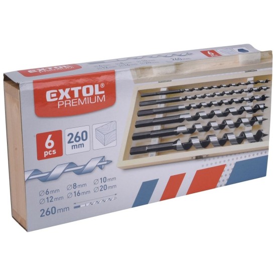 Hadie vŕtačky do dreva, sada 6ks, Ø 6-8-10-12-16-20x260mm, šesťhranná stopka, v drevenom kufríku, EXTOL PREMIUM