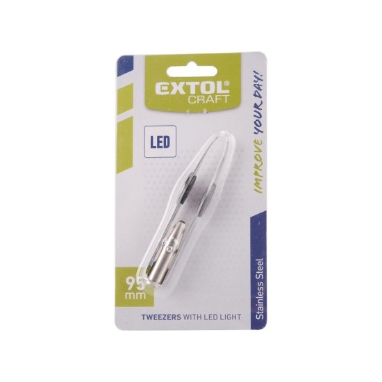 Pinzeta s LED svetlom, dĺžka 95mm, šírka čeľuste 4mm, LED svetlo, nehrdzavejúca oceľ, EXTOL CRAFT