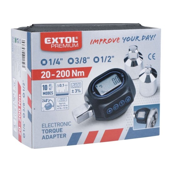 Digitálny momentový adaptér, 1/2", 20-200Nm, s redukciou na štvorcový 1/4" a 3/8", EXTOL PREMIUM (8825300) Digitálny momentový adaptér, 1/2", 20-200Nm, s redukciou na štvorcový 1/4" a 3/8", EXTOL PREMIUM (8825300)