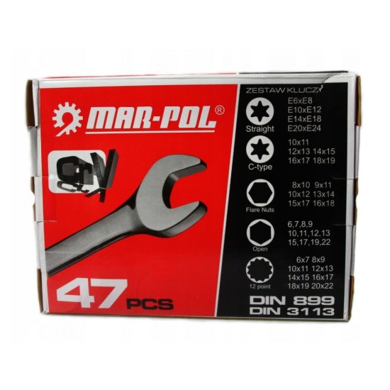 Veľká sada 47 kľúčov, vidlicové, ohnuté, S kľúče, TORX, brzdové rúrky, CrV MAR-POL, skladacie puzdro Veľká sada 47 kľúčov, vidlicové, ohnuté, S kľúče, TORX, brzdové rúrky, CrV MAR-POL, skladacie puzdro