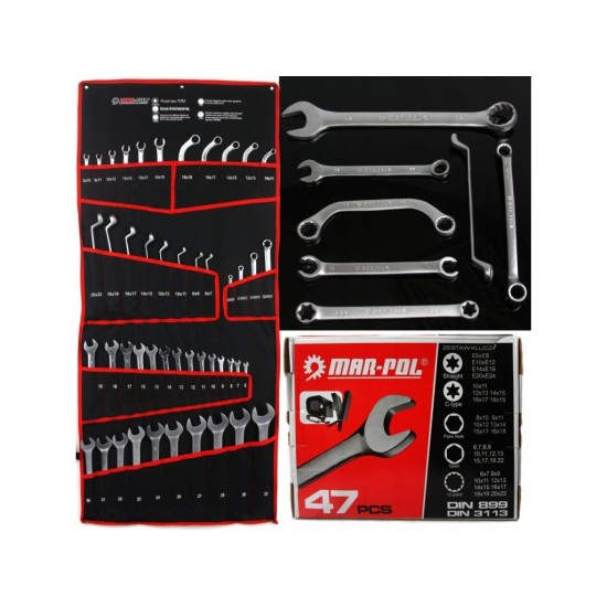 Veľká sada 47 kľúčov, vidlicové, ohnuté, S kľúče, TORX, brzdové rúrky, CrV MAR-POL, skladacie puzdro Veľká sada 47 kľúčov, vidlicové, ohnuté, S kľúče, TORX, brzdové rúrky, CrV MAR-POL, skladacie puzdro