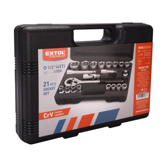 Nástrčná hlavica, sada 21ks, CrV, 1/2" EXTOL PREMIUM