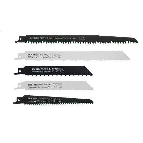 Pílové listy do chvostovej píly - mix listov, sada 5 ks, HCS, BIM EXTOL PREMIUM Pílové listy do chvostovej píly - mix listov, sada 5 ks, HCS, BIM EXTOL PREMIUM