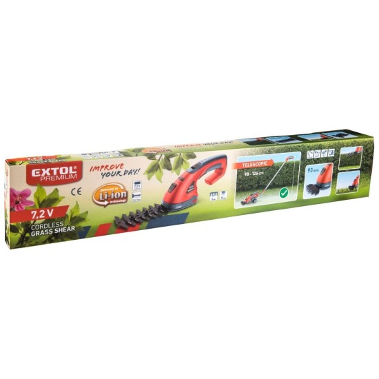 Akumulátor nožníc na trávu a živý plot s teleskopickou rukoväťou 7,2 V Li-ion, 1500 mAh EXTOL PREMIUM