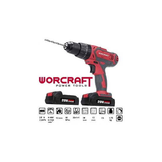 Akumulátorová príklepová vŕtačka WORCRAFT, 2xLi-Ion 20V/2,0Ah (CD-20LiH) Akumulátorová príklepová vŕtačka WORCRAFT, 2xLi-Ion 20V/2,0Ah (CD-20LiH)