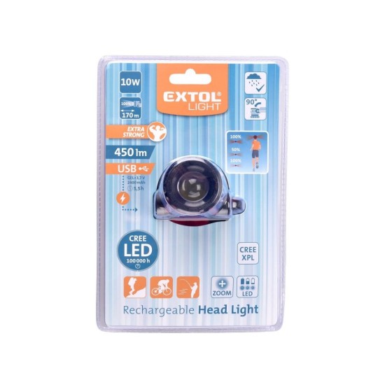 Čelovka 450lm CREE XPL, nabíjateľná, USB, 10W CREE XPL, ZOOM EXTOL LIGHT funkcia Čelovka 450lm CREE XPL, nabíjateľná, USB, 10W CREE XPL, ZOOM EXTOL LIGHT funkcia