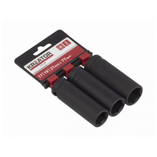 3 ks nástrčných nástrčných hlavíc 17-19-21 mm predĺžených 1/2" KREATOR 3 ks nástrčných nástrčných hlavíc 17-19-21 mm predĺžených 1/2" KREATOR