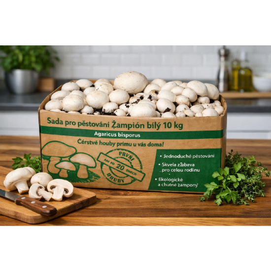 Pestovateľská sada Šampiňón biely 10kg (Agaricus Bisporus) Pestovateľská sada Šampiňón biely 10kg (Agaricus Bisporus)
