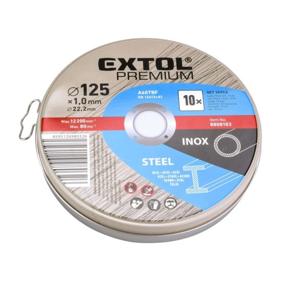 Rezací kotúč na oceľ/nehrdzavejúcu oceľ, 10ks, 125x1,0x22,2mm EXTOL PREMIUM Rezací kotúč na oceľ/nehrdzavejúcu oceľ, 10ks, 125x1,0x22,2mm EXTOL PREMIUM