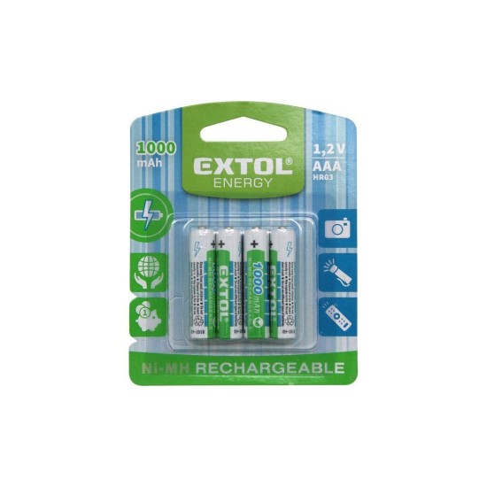 Nabíjateľné batérie, 4ks, AAA (HR03), 1.2V, 1000mAh, NiMh EXTOL ENERGY Nabíjateľné batérie, 4ks, AAA (HR03), 1.2V, 1000mAh, NiMh EXTOL ENERGY