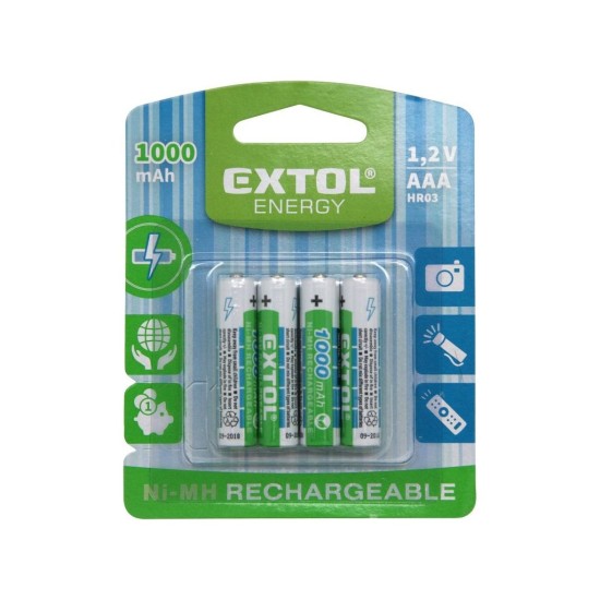 Nabíjateľné batérie, 4ks, AAA (HR03), 1.2V, 1000mAh, NiMh EXTOL ENERGY Nabíjateľné batérie, 4ks, AAA (HR03), 1.2V, 1000mAh, NiMh EXTOL ENERGY
