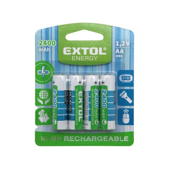 Nabíjateľné batérie, 4ks, AA (HR6), 1.2V, 2400mAh, NiMh EXTOL ENERGY Nabíjateľné batérie, 4ks, AA (HR6), 1.2V, 2400mAh, NiMh EXTOL ENERGY