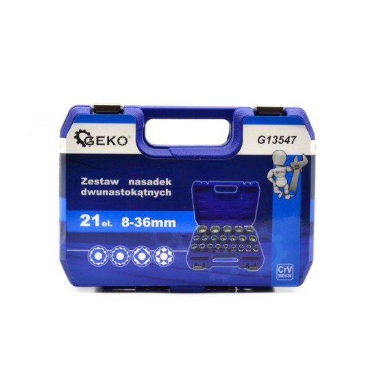 Nástrčné hlavice 8-36mm, sada 21ks, CrV, 12-hraná v puzdre GEKO
