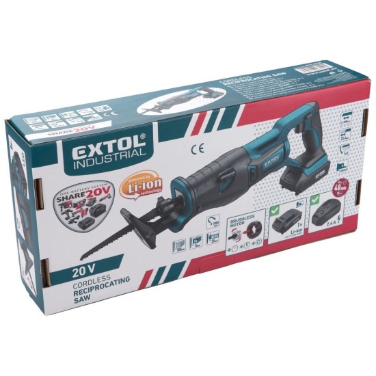 Akumulátorová chvostová píla SHARE20V, BEZUHLÍKOVÁ, bez akumulátora a nabíjačky EXTOL INDUSTRIAL Akumulátorová chvostová píla SHARE20V, BEZUHLÍKOVÁ, bez akumulátora a nabíjačky EXTOL INDUSTRIAL