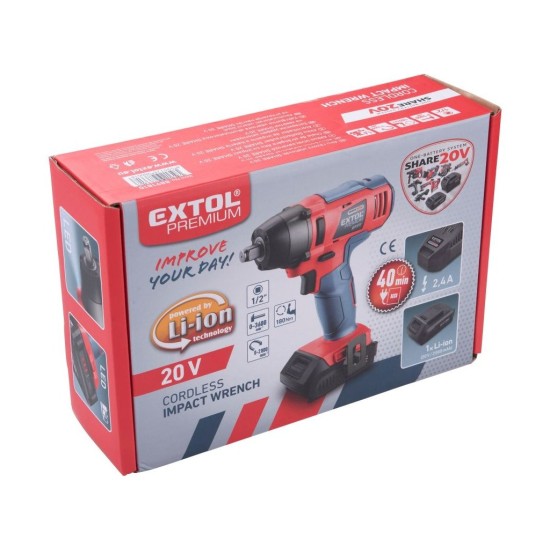 Rázový uťahovák 1/2" batéria SHARE20V, 180Nm, 20V Li-ion, 2000mAh EXTOL PREMIUM
