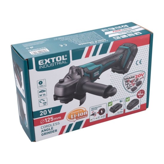 Akumulátorová uhlová brúska SHARE20V, 125mm, BRUSHLESS, 20V Li-ion, 2000mAh EXTOL INDUSTRIAL Akumulátorová uhlová brúska SHARE20V, 125mm, BRUSHLESS, 20V Li-ion, 2000mAh EXTOL INDUSTRIAL