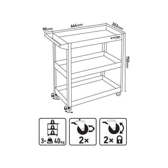 Policový vozík, 3 police, max. 120 kg EXTOL CRAFT