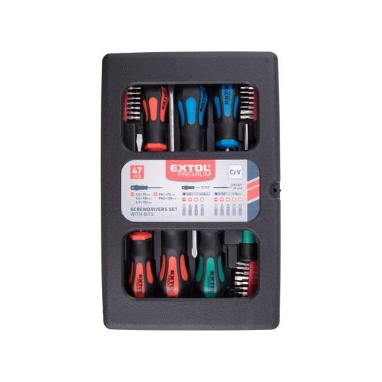 Sada skrutkovačov a bitov 47ks, hroty 1/4" a mini hroty 4mm, CrV EXTOL PREMIUM Sada skrutkovačov a bitov 47ks, hroty 1/4" a mini hroty 4mm, CrV EXTOL PREMIUM